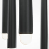 Close-up of the Cascade CCT Dimmable LED Cluster Pendant Light (31W 3000-4000K - Black) with a sleek cylindrical black casing and glowing white bulb. The row of dimmable fixtures against a white background creates an elegant minimalist appearance.