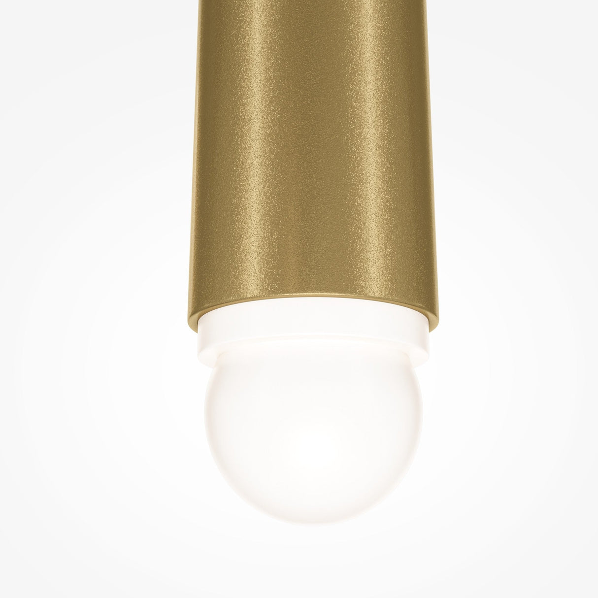 A close-up of the Cascade Dimmable LED Single Pendant Light in brass, showcasing its modern cylindrical design. The dimmable bulb glows softly at the bottom against a plain white background.