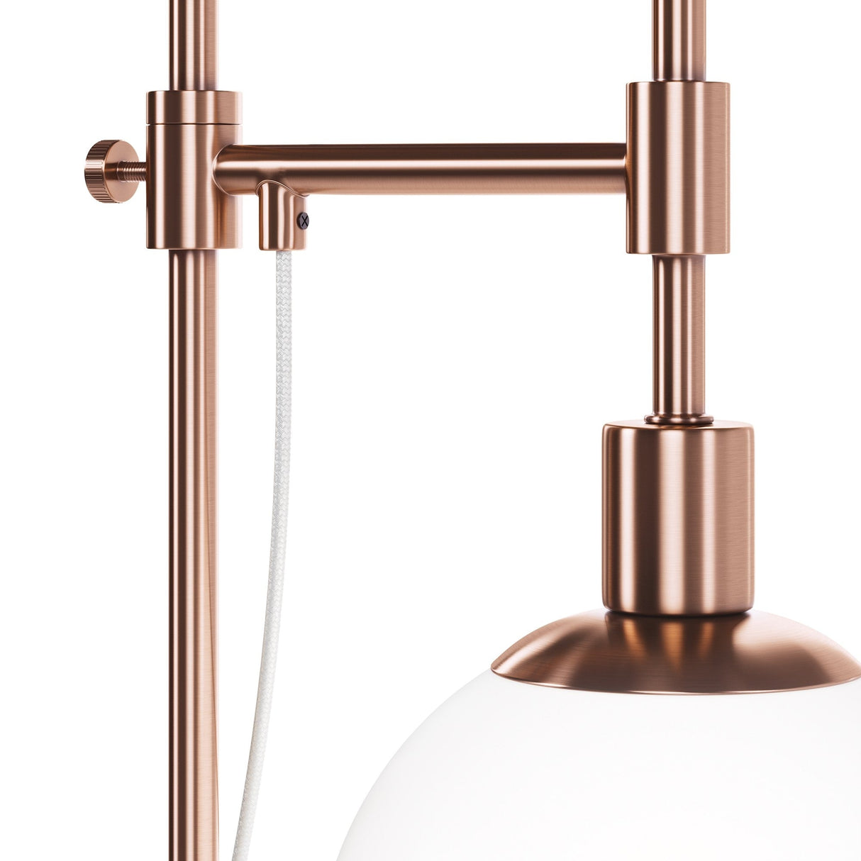 Close-up of the Erich Adjustable Table Lamp - Gold, showcasing a design with a vertical rod and adjustable horizontal arm supporting a globe-shaped white light. Its stylish white fabric-covered cord adds elegance to this modern lighting fixture.