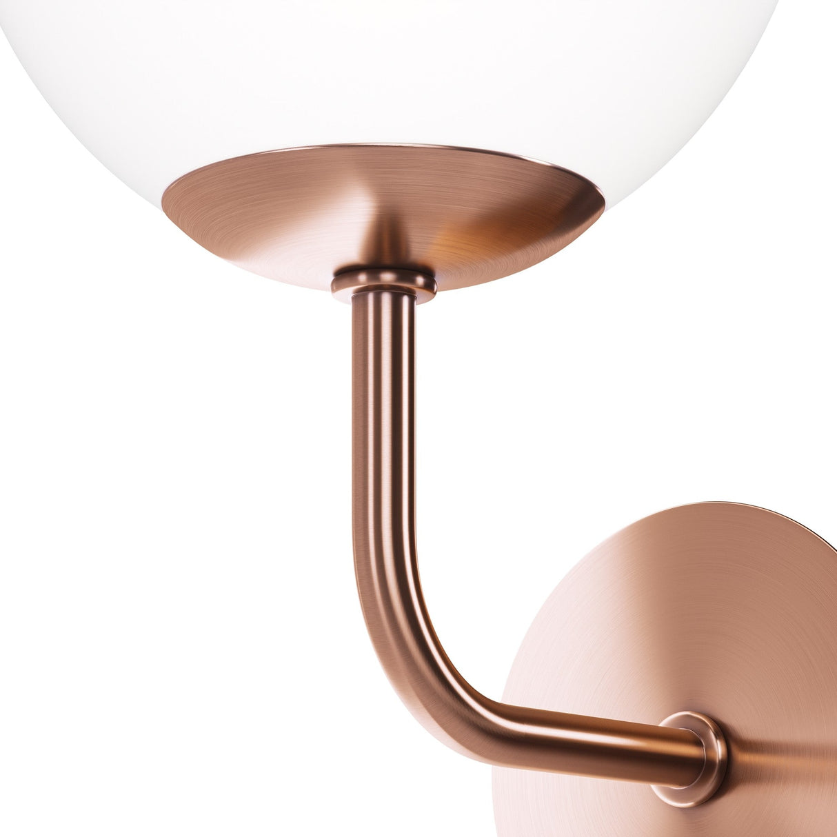 The Erich 1 Light Wall Light showcases a modern brass design with a curved arm and round white glass shade, highlighting minimalist aesthetics and elegant tones for sophisticated interiors.