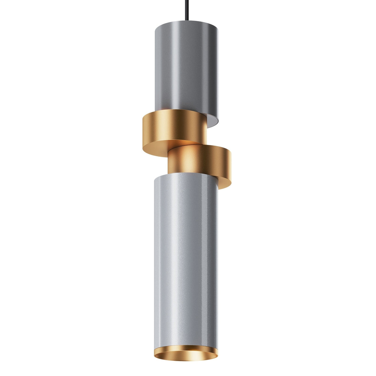 Enhance your contemporary interior with the Palette Multicoloured Pendant Light (MOD303PL-01CFL2), showcasing a sleek cylindrical design in metallic silver with gold accent rings. Elegantly suspended from a black cord, it brings sophistication to any space.