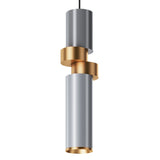 Enhance your contemporary interior with the Palette Multicoloured Pendant Light (MOD303PL-01CFL2), showcasing a sleek cylindrical design in metallic silver with gold accent rings. Elegantly suspended from a black cord, it brings sophistication to any space.