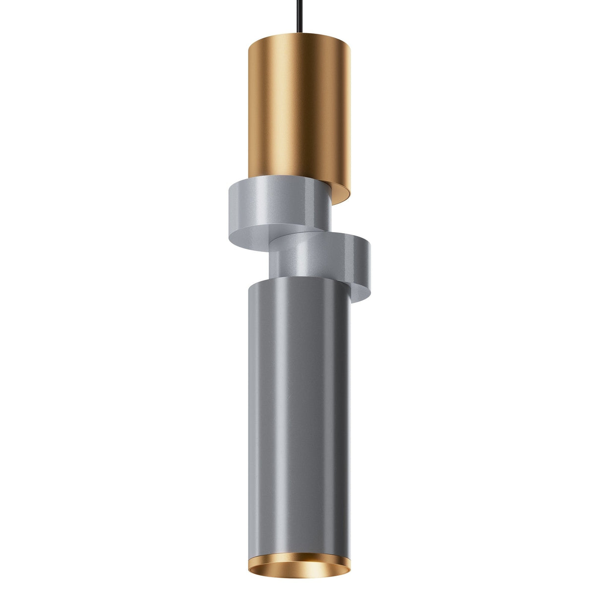 The Palette Multicoloured Pendant Light - Grey is perfect for contemporary interiors, with a cylindrical design featuring a gold top, silver geometric connectors in the middle, and a silver tube with a gold rim at the bottom. It hangs from a sleek black cord.