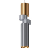 The Palette Multicoloured Pendant Light - Grey is perfect for contemporary interiors, with a cylindrical design featuring a gold top, silver geometric connectors in the middle, and a silver tube with a gold rim at the bottom. It hangs from a sleek black cord.