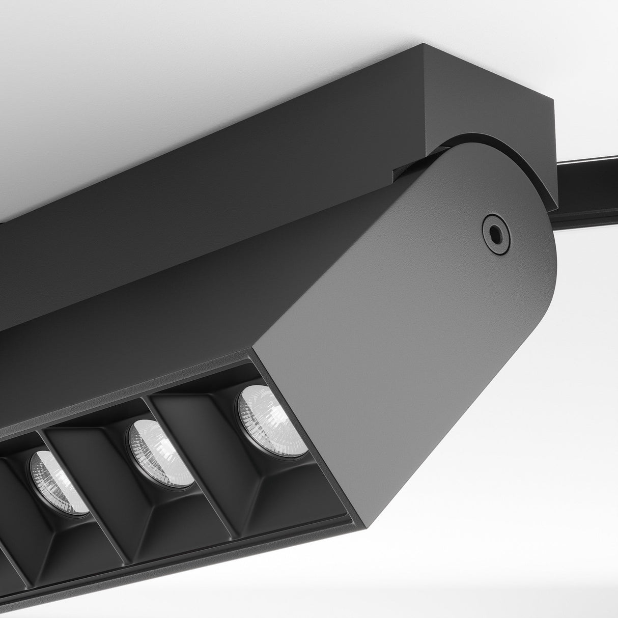 Detail of Points Rot Linear track light in Black for magnetic track system, highlighting precision in adjustable design.