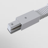 Close-up of a white, rectangular sliding door mechanism with a metal slider partially extended, attached to a Unity Single Phase Surface-Mounted Track Flexible Connector - White, resembling a ribbed conduit against a plain white background.