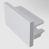 The Unity Single Phase Surface-Mounted Track End Cap - White is a minimalist, rectangular accessory displayed on a light grey background, offering a sleek design for seamless shelf support with modern flair.