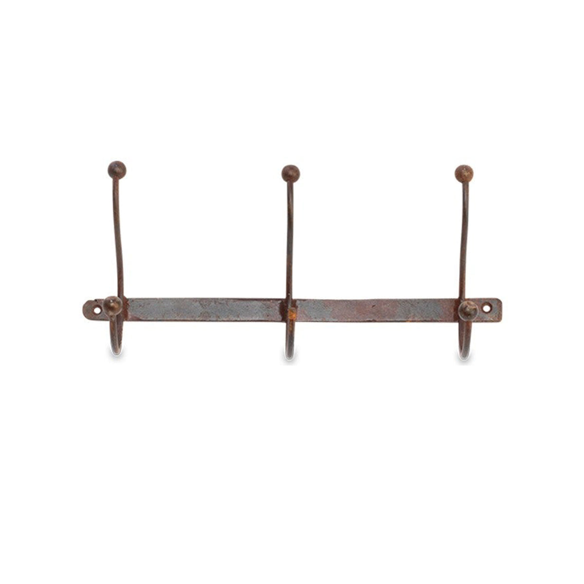 Rama Iron Wall Hooks in grey, a row of three hooks on a flat iron bar with ball finials and screw holes at each end, shown on a plain white background.
