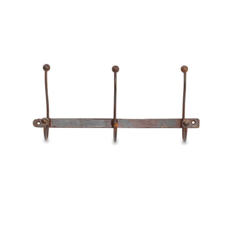 Rama Iron Wall Hooks in grey, a row of three hooks on a flat iron bar with ball finials and screw holes at each end, shown on a plain white background.