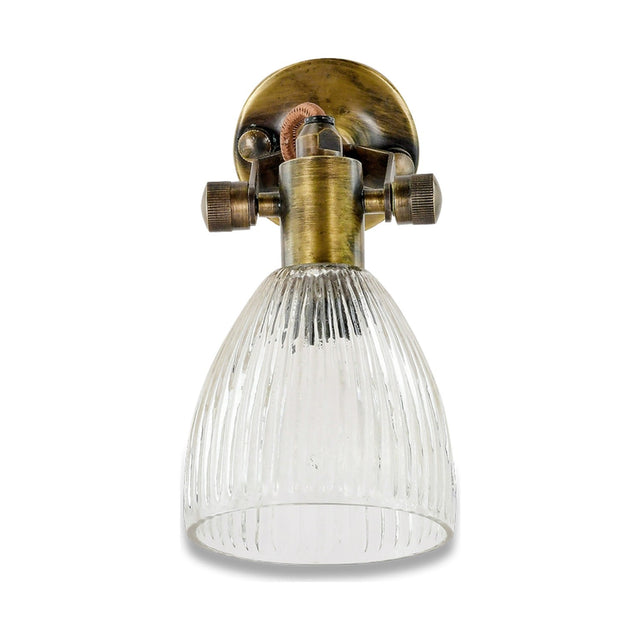 Rarni Recycled Glass Wall Light in antique brass, featuring a ribbed clear glass tulip shade with flared rim and knurled thumbscrews, shown on a white background.