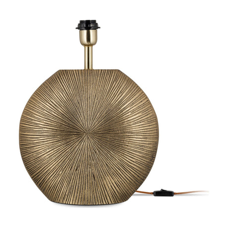 Ramvas Etched Table Lamp Base in antique brass, a flat disc stand with radiating etched lines, brass collar and black E27 lampholder, shown on a plain white background.
