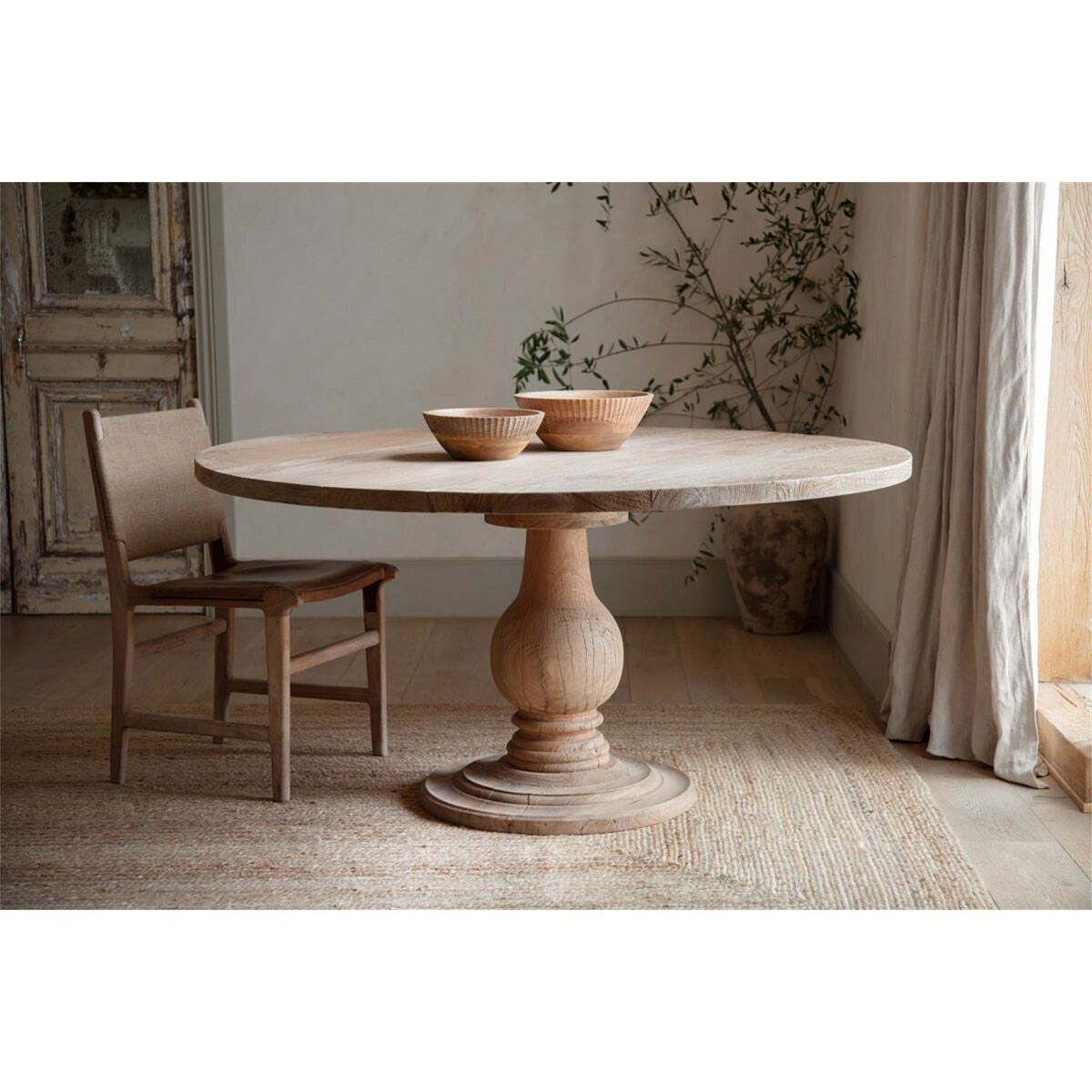 Laya Large Round Carved Mango Wood Dining Table - Natural