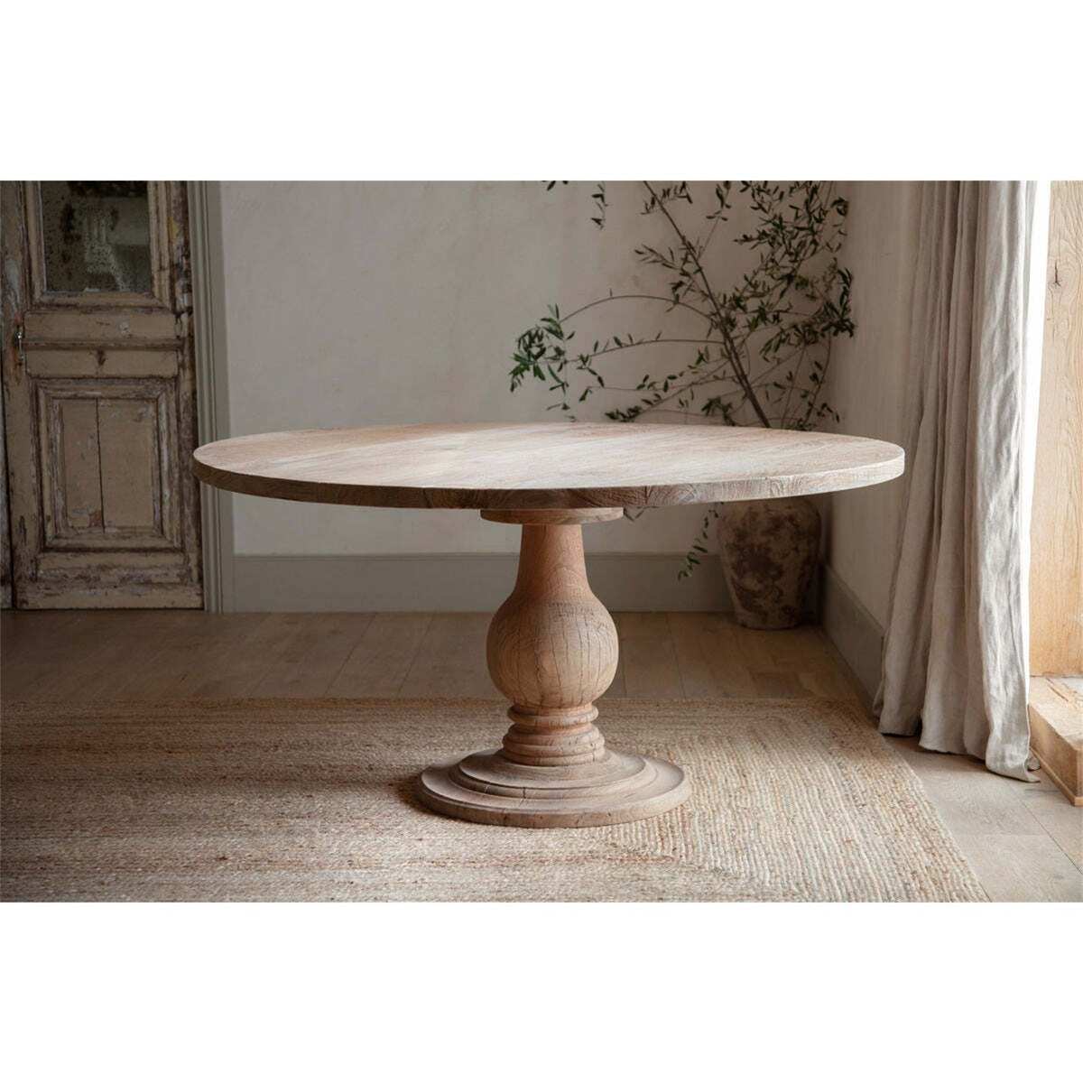 Laya Large Round Carved Mango Wood Dining Table - Natural