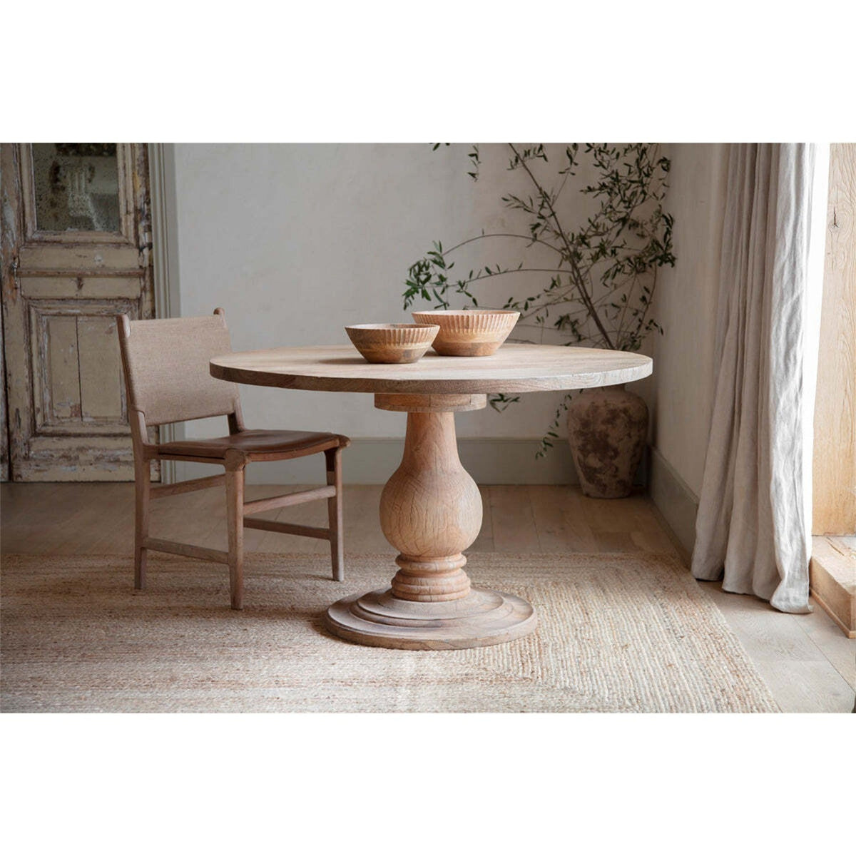 Laya Small Round Carved Mango Wood Dining Table - Natural