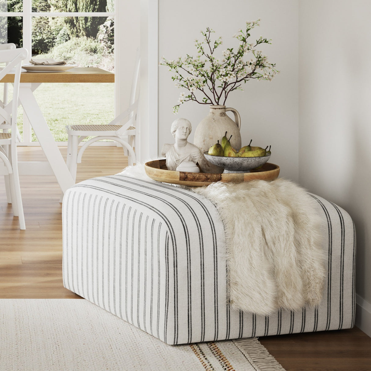 Ryder Footstool - White/Black Chalk Stripe