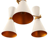 The Ramses 3 Light Chandelier - White features three cone-shaped white shades with gold accents and interiors, arranged in a triangular formation—ideal for adding an industrial touch to minimalist spaces.