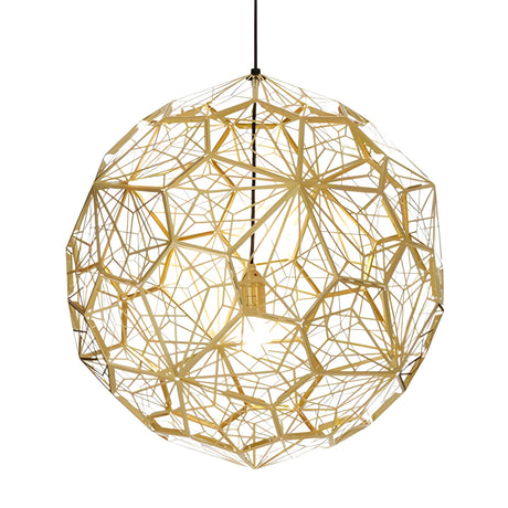 The Rango Acid Large Pendant Light - Brass features a spherical, geometric gold wireframe design with a visible central bulb, suspended from a black cord.