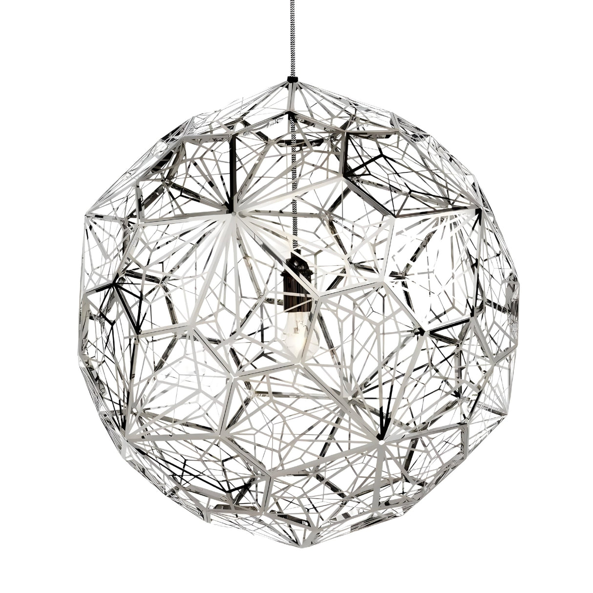 The Rango Acid Large Pendant Light - Silver showcases modern sophistication with its spherical, open geometric silver frame and a visible central bulb elegantly suspended inside.