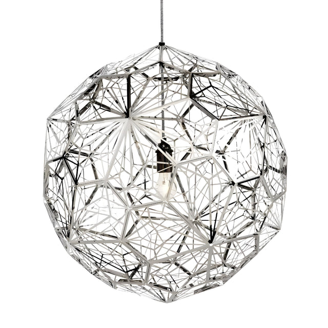 The Rango Acid Large Pendant Light - Silver showcases modern sophistication with its spherical, open geometric silver frame and a visible central bulb elegantly suspended inside.