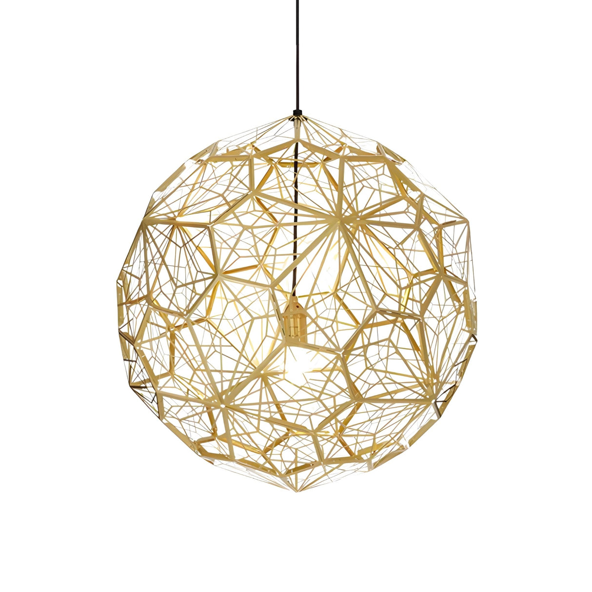 The Rango Acid Small Pendant Light – Brass features a spherical, open-frame design with interlacing gold metal rods and hangs from a black cord, ideal for cozy ambient lighting in any modern space.