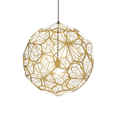 The Rango Acid Small Pendant Light – Brass features a spherical, open-frame design with interlacing gold metal rods and hangs from a black cord, ideal for cozy ambient lighting in any modern space.