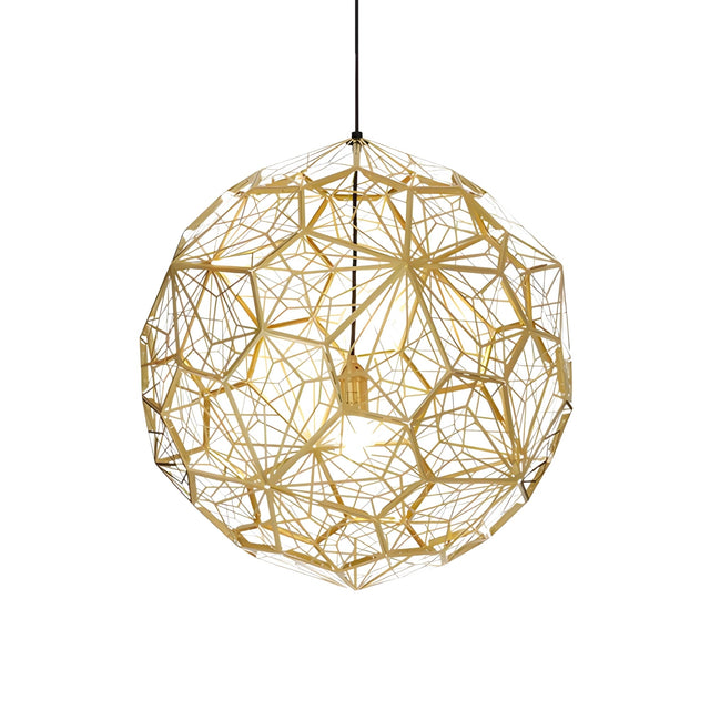 The Rango Acid Small Pendant Light – Brass features a spherical, open-frame design with interlacing gold metal rods and hangs from a black cord, ideal for cozy ambient lighting in any modern space.