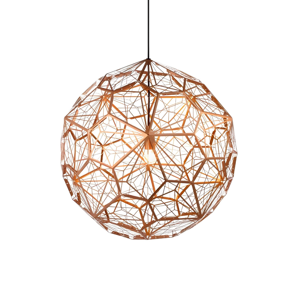 The Rango Acid Small Pendant Light in copper features an intricate spherical metal frame with an open lattice design, casting a warm glow from the bulb inside. It hangs elegantly from a single black cord against a white background.
