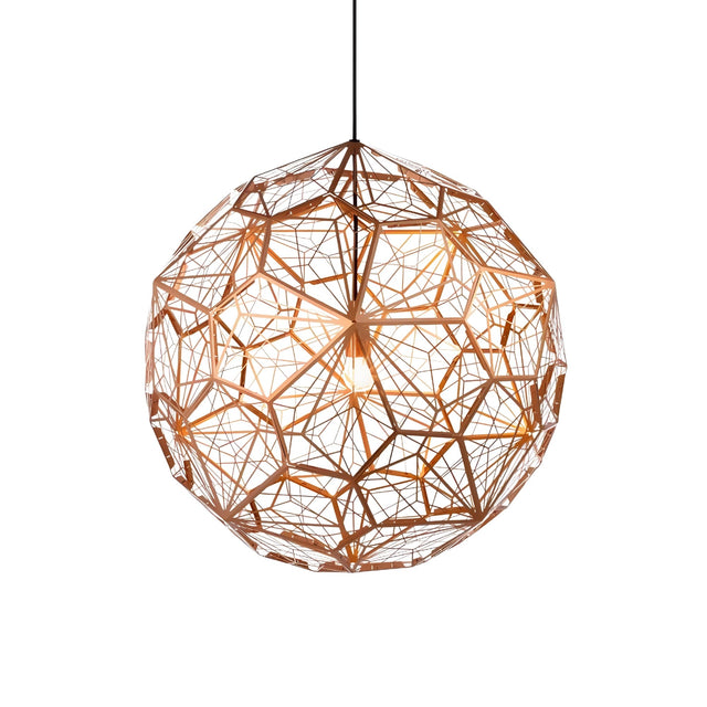 The Rango Acid Small Pendant Light in copper features an intricate spherical metal frame with an open lattice design, casting a warm glow from the bulb inside. It hangs elegantly from a single black cord against a white background.