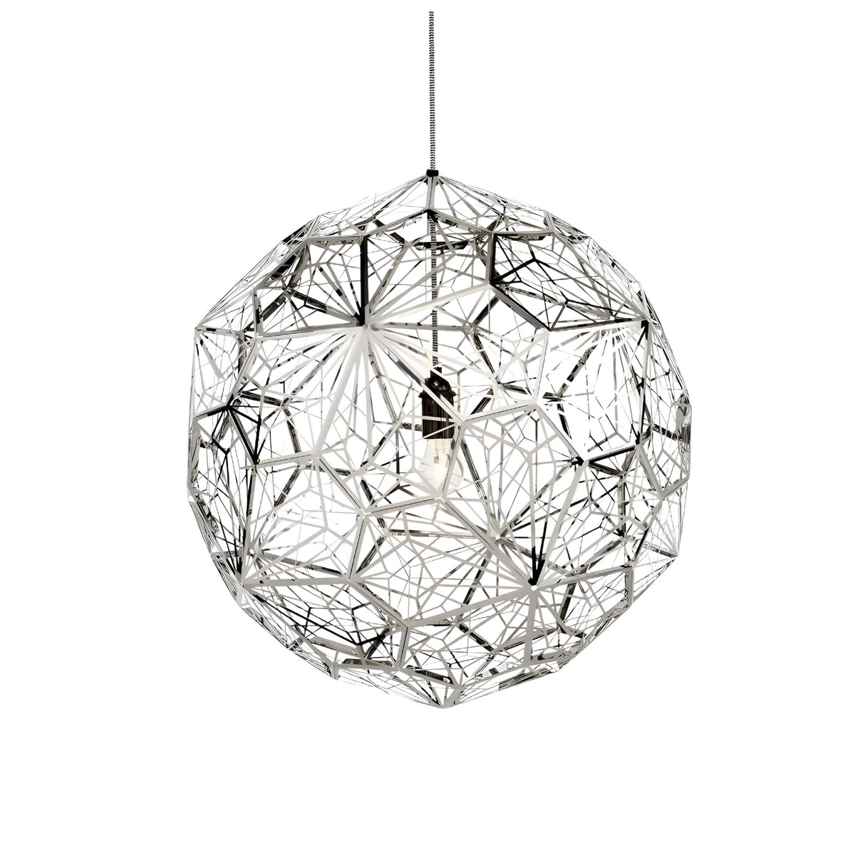 The Rango Acid Small Pendant Light - Silver features an intricate geometric metal frame in a spherical design with a silver finish, showcasing a minimalist look and single exposed bulb, elegantly suspended by a cord.