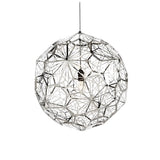 The Rango Acid Small Pendant Light - Silver features an intricate geometric metal frame in a spherical design with a silver finish, showcasing a minimalist look and single exposed bulb, elegantly suspended by a cord.