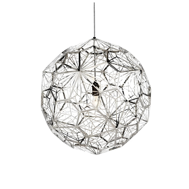 The Rango Acid Small Pendant Light - Silver features an intricate geometric metal frame in a spherical design with a silver finish, showcasing a minimalist look and single exposed bulb, elegantly suspended by a cord.