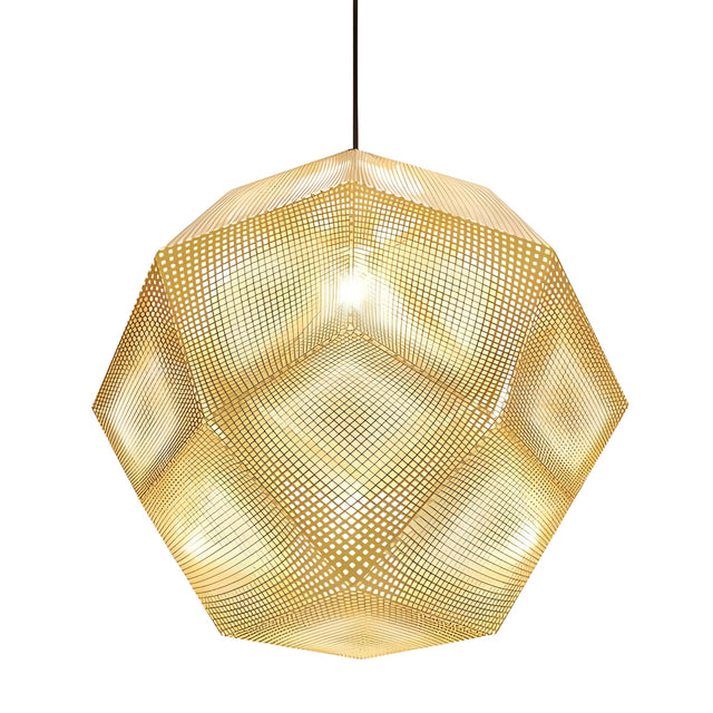 The Rango Large Pendant Light - Gold showcases a geometric gold metal dodecahedron shade with small perforations, casting a warm, patterned glow through its evenly spaced holes.