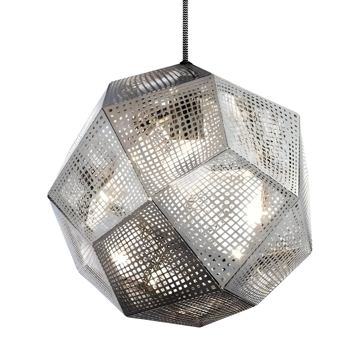 The Rango Large Pendant Light - Silver features a modern dodecahedron shape with perforated metallic panels and hangs from a black cord, casting light through its geometric patterns for a bold, contemporary look.