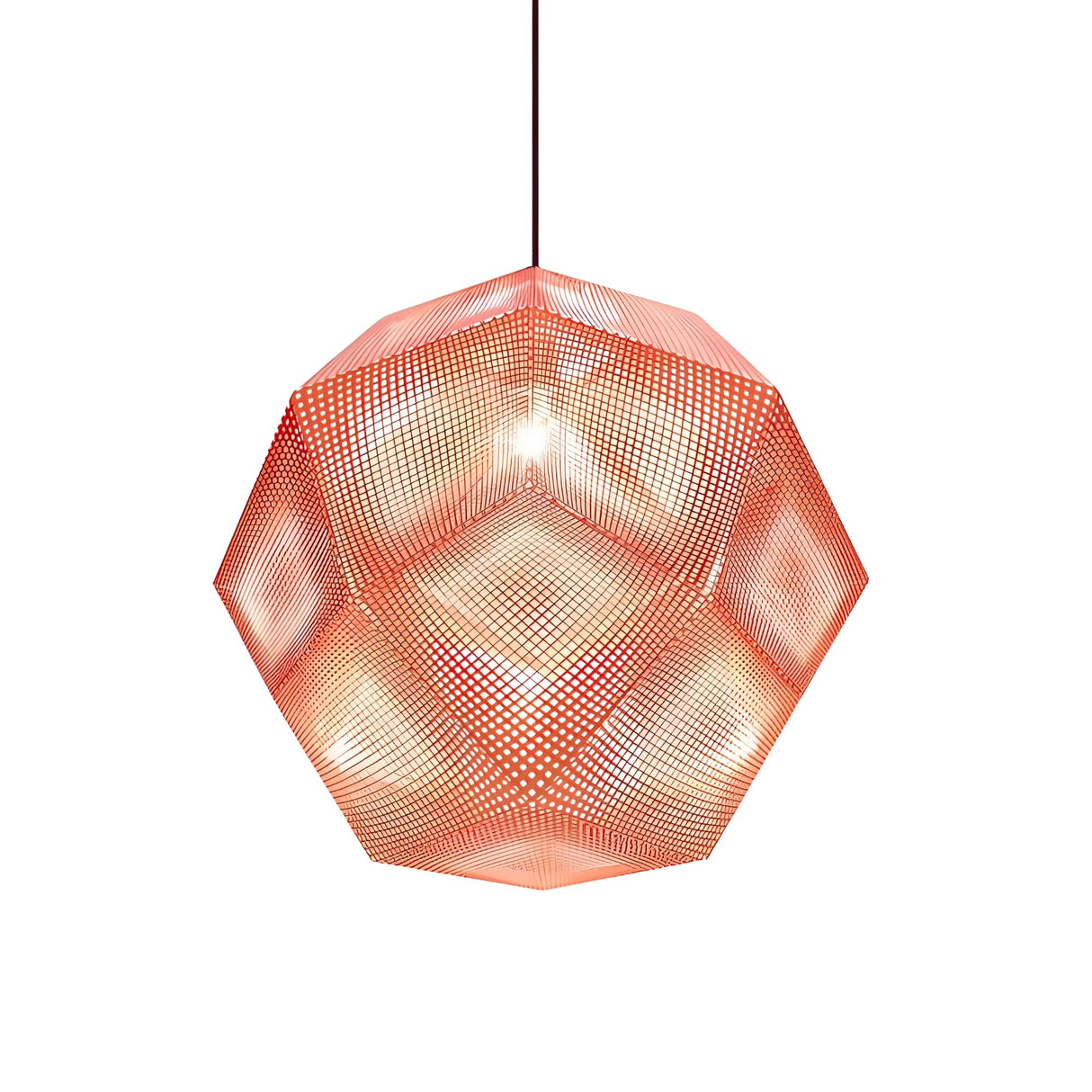 The Rango Small Pendant Light - Copper has a dodecahedron shape with an acid-etched metallic copper finish and emits soft, diffused light through its many small holes while hanging from a single cord.