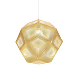 The Rango Small Pendant Light - Gold features a geometric dodecahedron-shaped shade with acid-etched patterns, hangs from a black cord, and emits a warm glow with its modern gold finish.