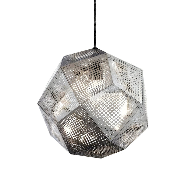 The Rango Small Pendant Light - Silver features a metallic dodecahedron design with acid-etched perforated panels, allowing light to shine through. It hangs by a cord and stands out against a white background.