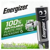 The Energizer battery character confidently displays a pack of essential equipment, highlighting the Energizer Extreme AA HR6 Rechargeable Batteries 2300mAh (4 Pack). Text reads 100% Recyclable, Plastic Free Packaging. Green grass and a recycling symbol underscore the eco-friendly message.