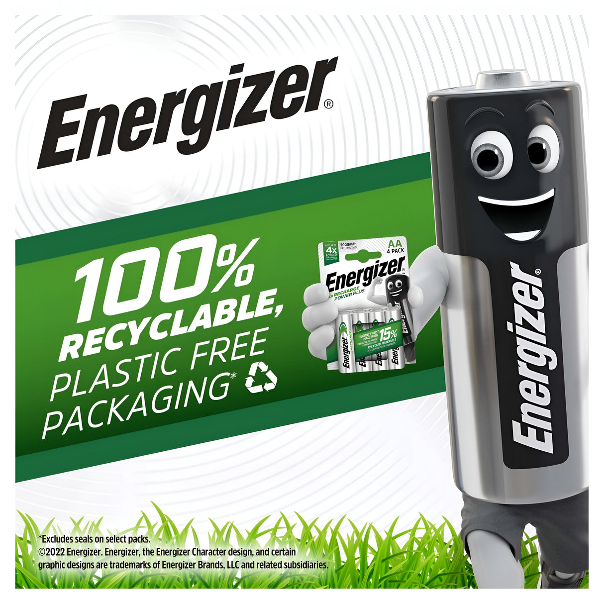 A cheerful cartoon Energizer battery character smiles while holding a pack of Energizer Power Plus AAA HR03 Rechargeable Batteries 700mAh (4 Pack). Text reads "100% Recyclable, Plastic Free Packaging" against a grassy backdrop. The Energizer logo is prominently featured, emphasizing its environmentally friendly option in AAA batteries.