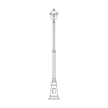 Volute cast aluminium outdoor lamp post, 256cm tall with a single lantern head, scrolled bracket, and tapered plinth featuring an access door, shown on a plain white background.