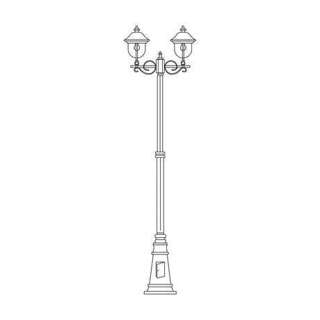 Volute Outdoor 2-Light Lamp Post, 256cm cast column with scrolled brackets, twin dome lanterns, and tapered plinth with access door, on a plain white background.