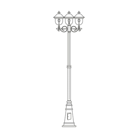 Volute 256cm outdoor lamp post with 3 lantern heads, scrolled brackets, copper-top finish, and a cast plinth base with access door, shown on a plain white background.