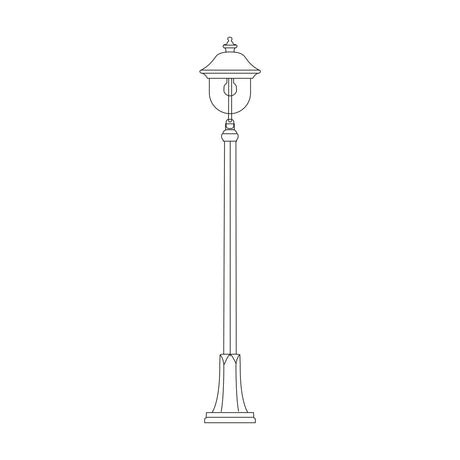 Volute cast aluminium outdoor lamp post, 156cm column with ribbed flange base and single lantern head with curved bracket, line illustration on a plain white background.