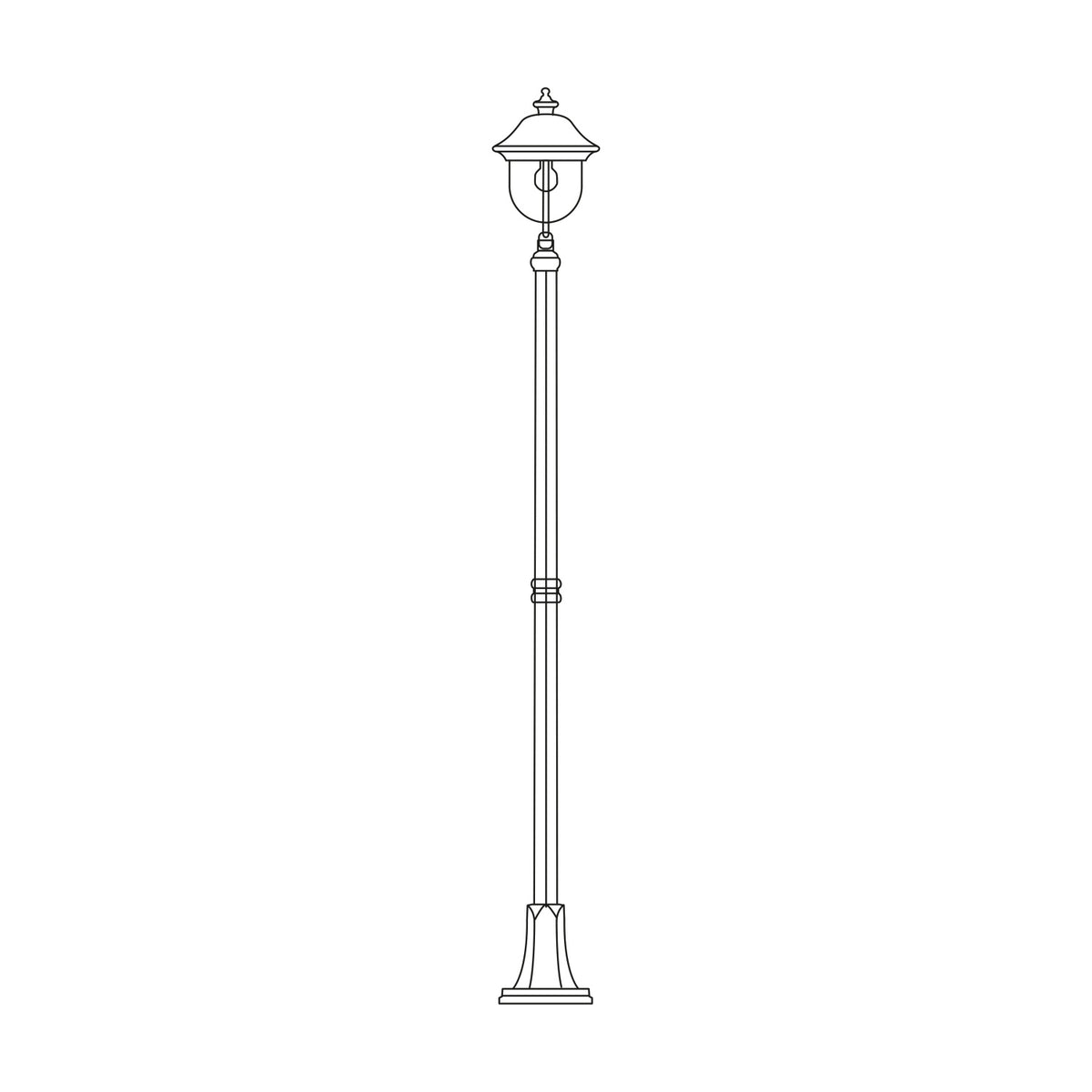 Volute 212cm outdoor lamp post with traditional lantern head and finial, single E27 light, slender fluted column on a stepped base, shown in line-drawing style on a plain white background.