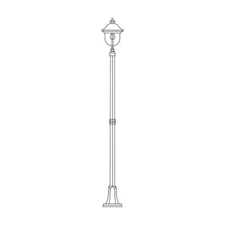 Volute 212cm outdoor lamp post with traditional lantern head and finial, single E27 light, slender fluted column on a stepped base, shown in line-drawing style on a plain white background.