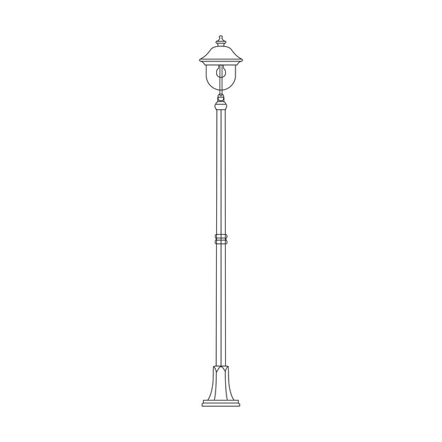 Volute 212cm outdoor lamp post with traditional lantern head and finial, single E27 light, slender fluted column on a stepped base, shown in line-drawing style on a plain white background.