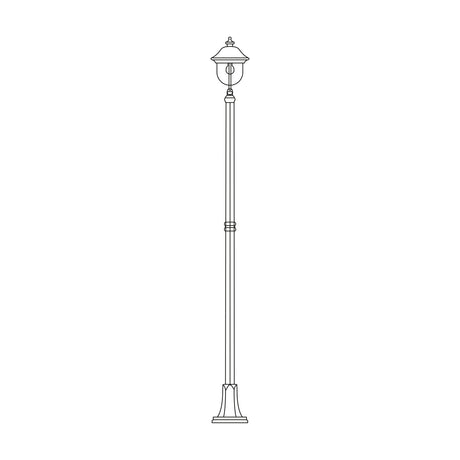 Volute Copper Top Outdoor Lamp Post 256cm, a traditional single-light column with a hexagonal glass lantern head on a flange plate base, line illustration on white background.