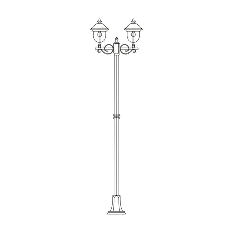 Volute cast aluminium outdoor lamp post, 256cm column with flange-plate base and two lantern heads with scrolled brackets, traditional style, shown on a plain white background.