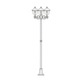 Volute Copper Top Outdoor 3 Light Lamp Post 256cm, a tall traditional column with scrolled brackets and three domed lantern heads on a flange plate base, line illustration on white background.