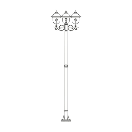 Volute Copper Top Outdoor 3 Light Lamp Post 256cm, a tall traditional column with scrolled brackets and three domed lantern heads on a flange plate base, line illustration on white background.