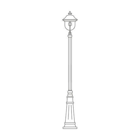 Volute cast aluminium outdoor lamp post, 192cm, with single lantern head and scrolled bracket on a tapered cast plinth base, line illustration on a white background.